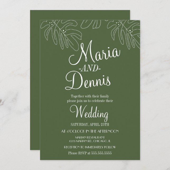 Simple Monstera Line Hand Illustration Green Invitation (Front/Back)