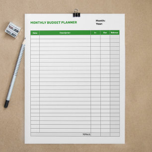 Simple Monthly Budget Planner Green Notepad