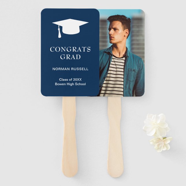 Simple Mortar Board Navy Blue Photo Graduation Hand Fan (Front and Back)