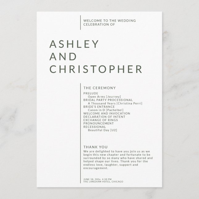 Simple Moss Green Isolated Names Wedding Ceremony Programme (Front)