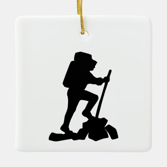 simple mountain hiking man black silhouette ceramic ornament (Front)