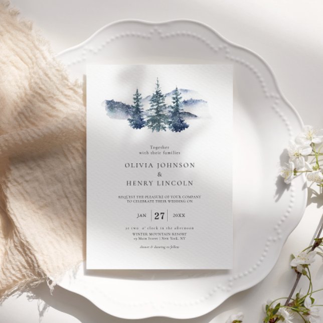 Simple Mountain Pine Tree Winter Wedding Invitation (Creator Uploaded)