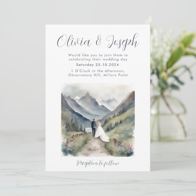 Simple Mountain Watercolour Wedding Invitation (Standing Front)