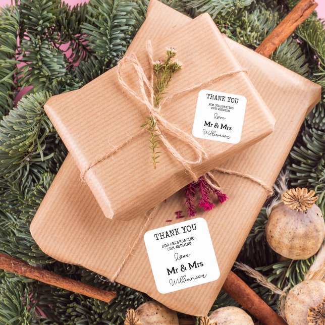 Simple Mr And Mrs Black And White Thank You Square Sticker (Holiday Gifts)