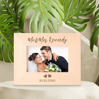 Simple Mr And Mrs Last Name Wedding Date Hearts Etched Frames