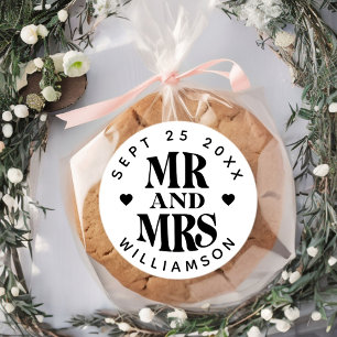 Simple Mr Mrs Name Date Wedding Heart Favour Classic Round Sticker