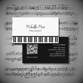 Simple Musical Black White Piano Music Teacher  Business Card