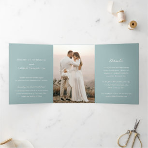 Simple Muted Blue Photo Elegant Wedding Tri-Fold Invitation