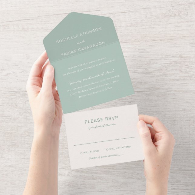 Simple Muted Green Elegant Wedding All In One Invitation (Tearaway)