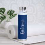 Simple Name Elegant Script Navy Blue Modern Water Bottle<br><div class="desc">Modern navy blue water bottle featuring a simple and minimalist design with your name in an elegant script.  A cute design perfect for a girly girl.</div>