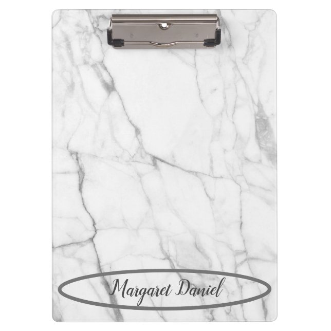 Simple Name Monogram White Marble Clipboard (Front)