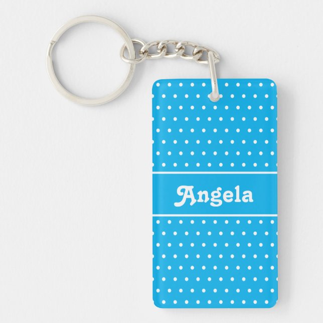 Simple Name Polka Dot Sky Blue and White Keychain (Front)