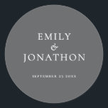 Simple Names Date White on Grey Wedding Classic Round Sticker<br><div class="desc">Simple Names Date White on Grey Wedding. Easily personalise your names and wedding date.</div>
