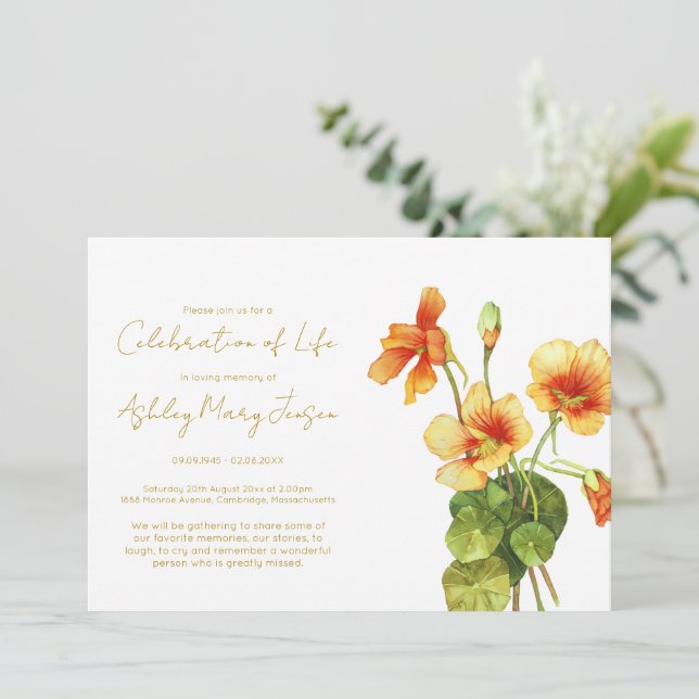 Simple Nasturtium Celebration of Life Funeral Invitation (Standing Front)
