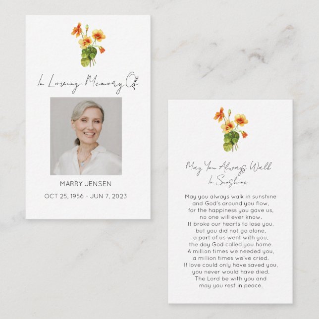 Simple Nasturtium Photo Funeral Prayer Card (Front/Back)