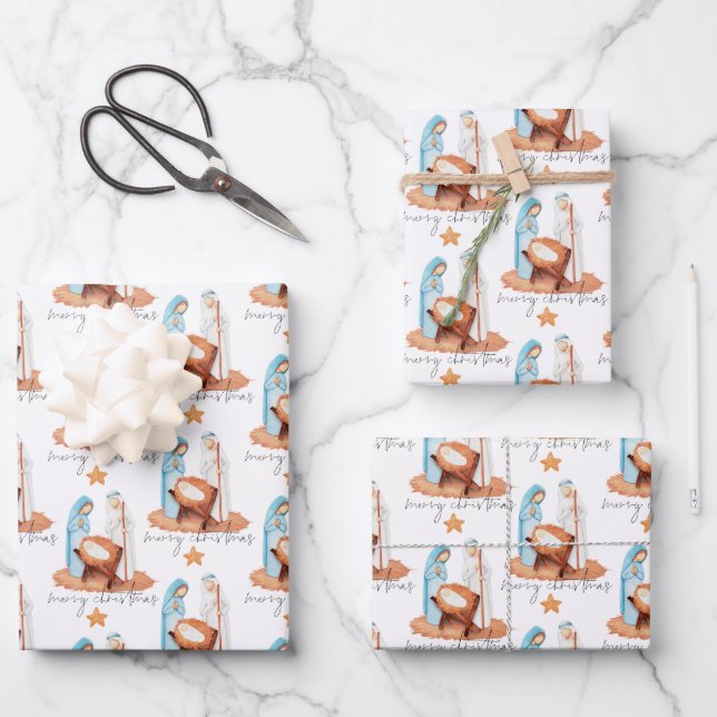 Simple Nativity Pattern Script Merry Christmas Wrapping Paper Sheet (Front)