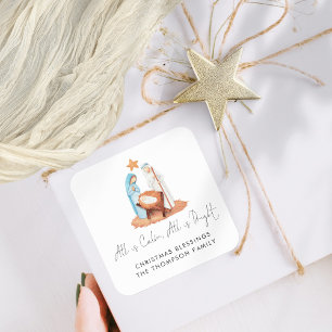Simple Nativity Scene All Is Calm Name Square Sticker