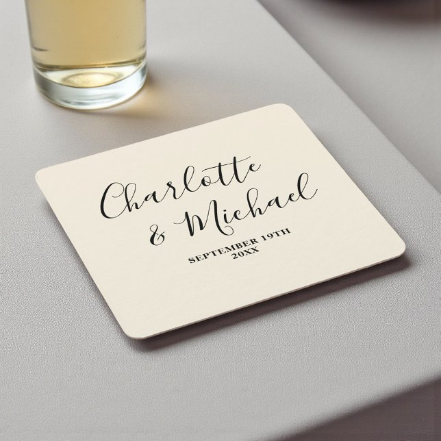 Simple Natural White Script Minimalist Wedding Square Paper Coaster (Creator Uploaded)