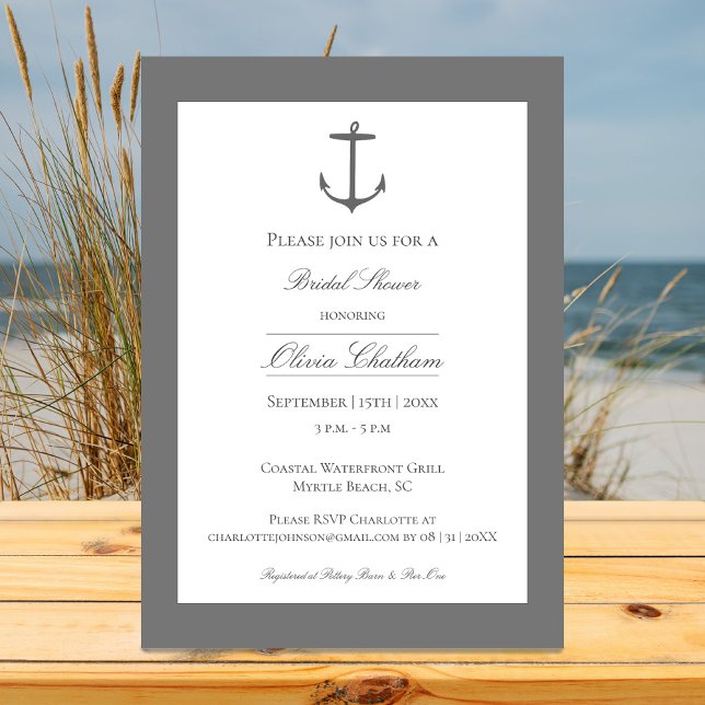 Simple Nautical Anchor Bridal Shower | Grey Invitation (Gray Simple Nautical Anchor Bridal Shower Invitation)