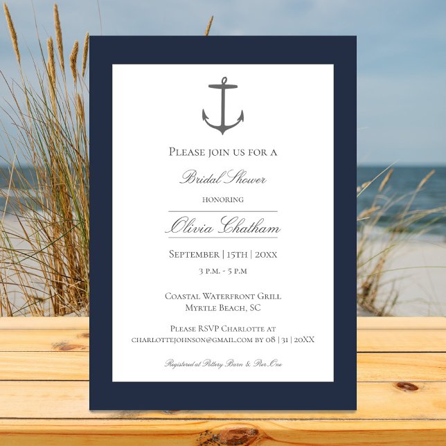 Simple Nautical Anchor Bridal Shower | Navy Blue Invitation (Navy Simple Nautical Anchor Bridal Shower Invitation)