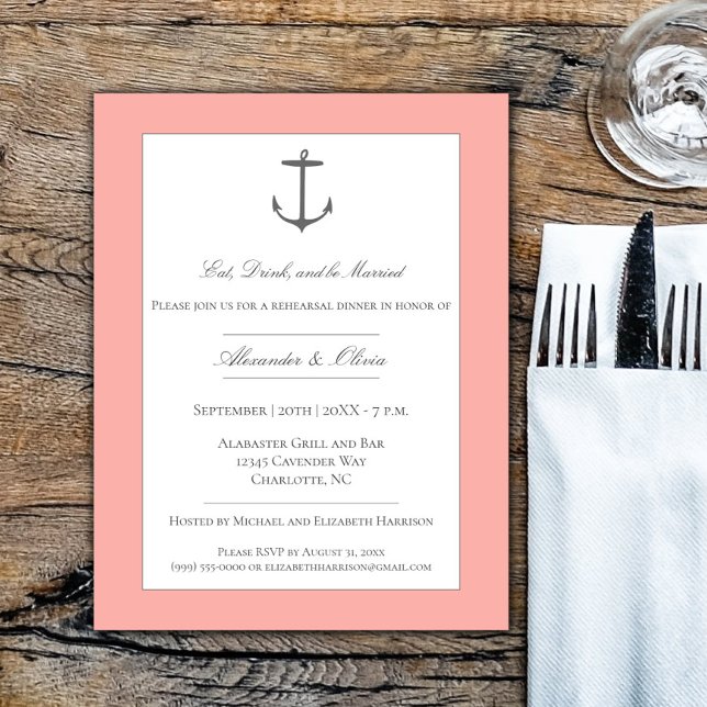 Simple Nautical Anchor Rehearsal Dinner | Coral Invitation (Coral Simple Nautical Anchor Rehearsal Dinner Invitation)