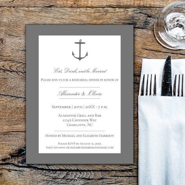 Simple Nautical Anchor Rehearsal Dinner | Grey Invitation (Gray Simple Nautical Anchor Rehearsal Dinner Invitation)
