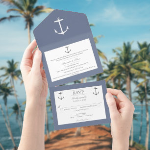 Simple Nautical Anchor Wedding Dusty Blue All In One Invitation