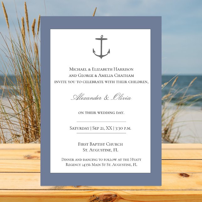 Simple Nautical Anchor Wedding | Dusty Blue Invitation (Dusty Blue Simple Nautical Anchor Wedding Invitation)