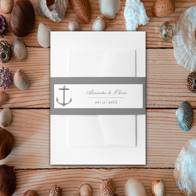 Simple Nautical Anchor Wedding | Grey Invitation Belly Band (Gray Simple Nautical Anchor Wedding Invitation Belly Band)