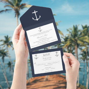 Simple Nautical Anchor Wedding   Navy Blue All In One Invitation