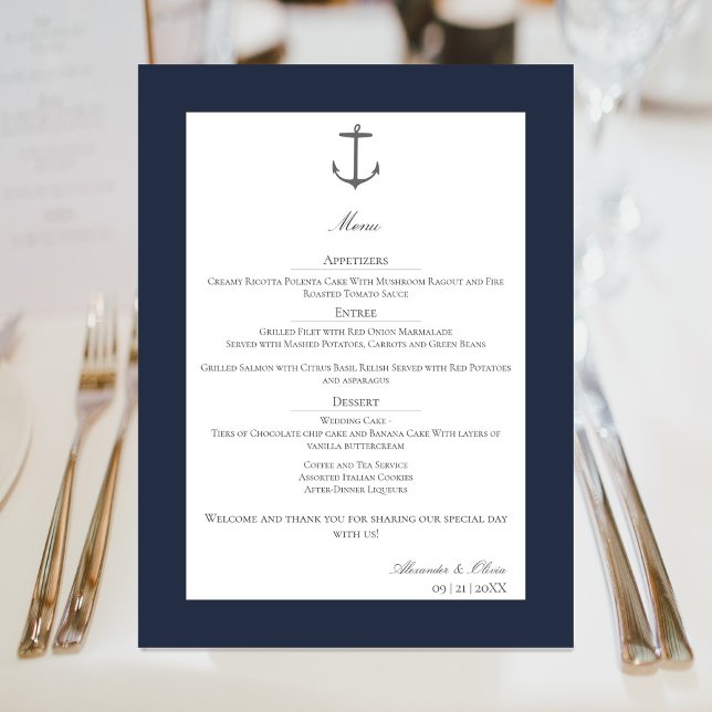 Simple Nautical Anchor Wedding | Navy Blue Menu (Navy Simple Nautical Anchor Wedding Menu)