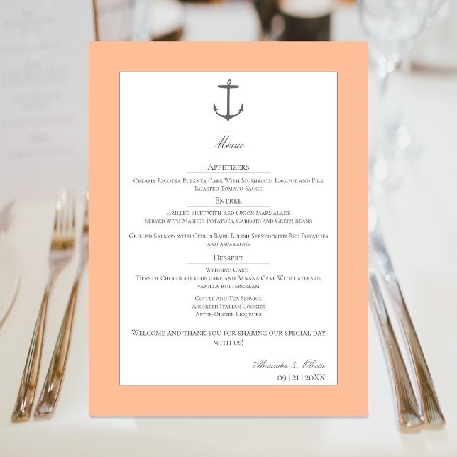 Simple Nautical Anchor Wedding | Peach Menu (Peach Fuzz Simple Nautical Anchor Wedding Menu)