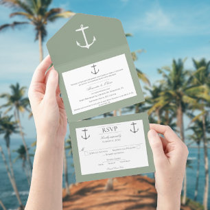 Simple Nautical Anchor Wedding   Sage Green All In One Invitation