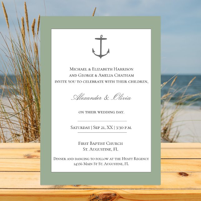 Simple Nautical Anchor Wedding | Sage Green Invitation (Sage Green Simple Nautical Anchor Wedding Invitation)