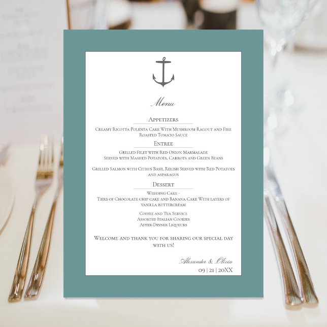 Simple Nautical Anchor Wedding | Teal Menu (Teal Simple Nautical Anchor Wedding Menu)