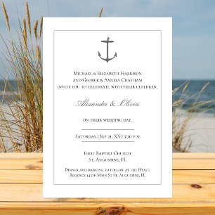Simple Nautical Anchor Wedding White Invitation