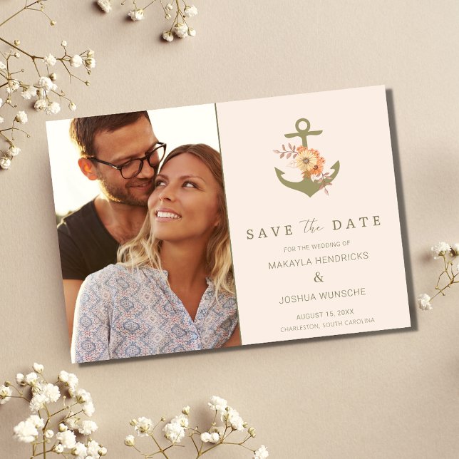 Simple Nautical Boho Floral Wedding Save the Date Announcement Postcard (Boho Nautical Anchor Photo Wedding Save the Date Postcards)
