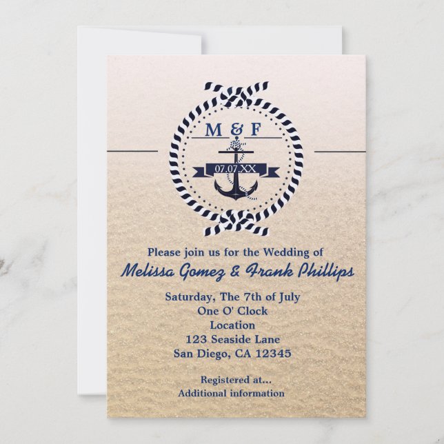 Simple Nautical Sandy Beach Wedding Invitation (Front)