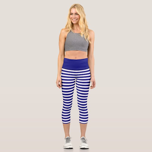 Simple Nautical Stripe Pattern Capri Leggings (Front)
