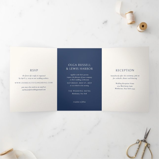 Simple Navy and Cream Modern Wedding Tri-Fold Invitation (Inside)