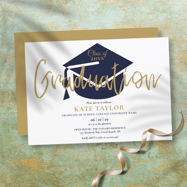 Simple Navy Blue And Gold Script Graduation Party  Invitation (Creator Uploaded)