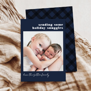 Simple Navy Blue and Plaid Sending Some Snuggles Holiday Card