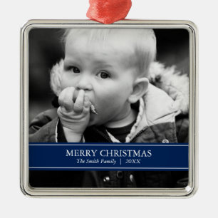 Simple Navy Blue and White Custom Photo Christmas Metal Tree Decoration