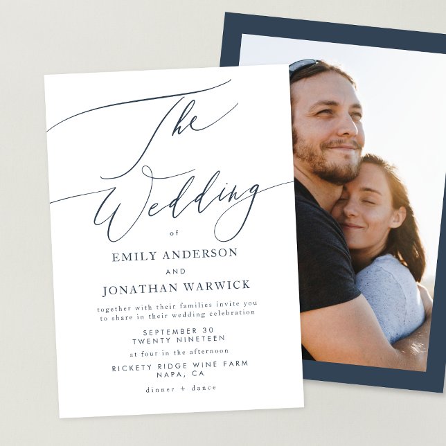 Simple Navy Blue and white photo overlay wedding Invitation (Creator Uploaded)