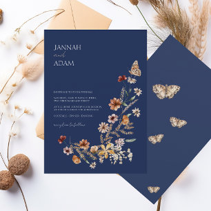 Simple Navy Blue Autumn Fall Wildflowers Wedding Invitation