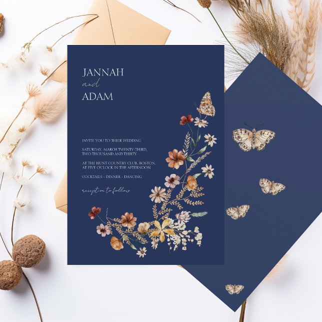Simple Navy Blue Autumn Fall Wildflowers Wedding Invitation (Creator Uploaded)