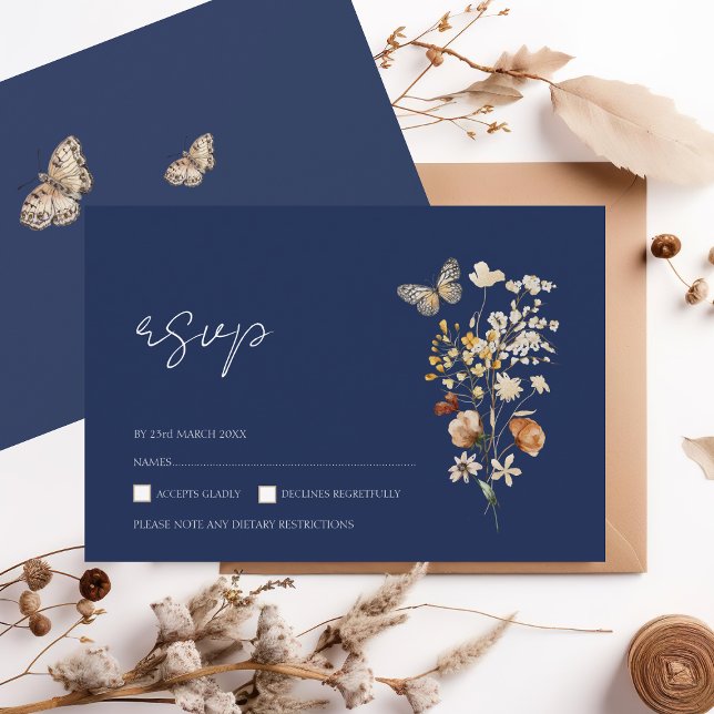 Simple Navy Blue Autumn Fall Wildflowers Wedding RSVP Card (Creator Uploaded)