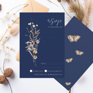 Simple Navy Blue Autumn Fall Wildflowers Wedding RSVP Card