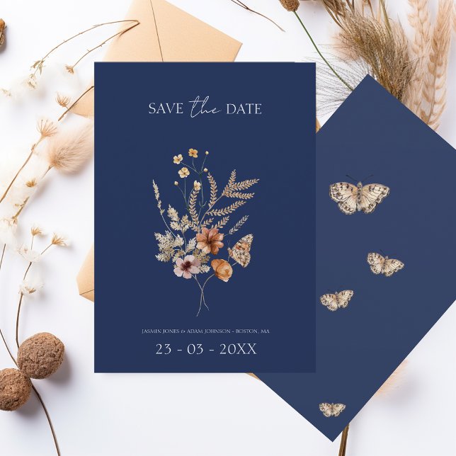 Simple Navy Blue Autumn Fall Wildflowers Wedding Save The Date (Creator Uploaded)