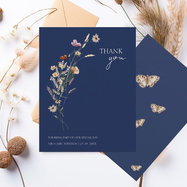 Simple Navy Blue Autumn Fall Wildflowers Wedding Thank You Card (Creator Uploaded)
